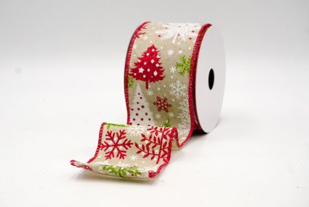 Khaki/Red_Glittery Winter Trees Wired Ribbon_KF9075GC-13-7