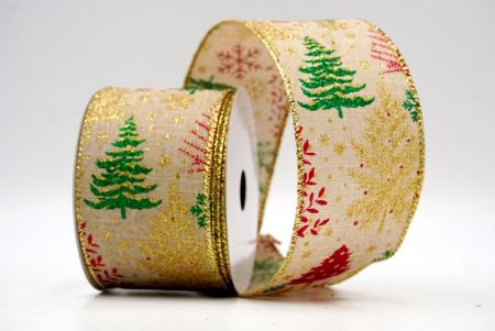 Khaki_Glittery Winter Trees Wired Ribbon_KF9078G-14