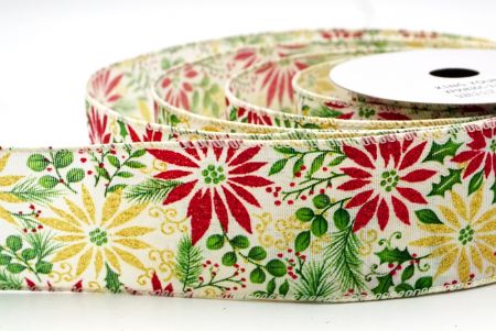 Cream White Festive Glitter Poinsettia Wired Ribbon_KF9083GC-2-2