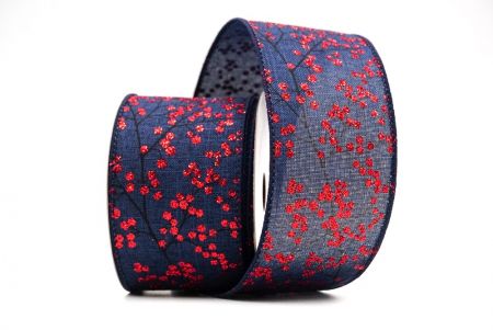 Navy Blue - Red Glitter Berries Wired Ribbon_KF9087GC-4-4