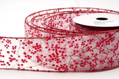 White - Red Sheer Glitter Berries Wired Ribbon_KF9089GR-1