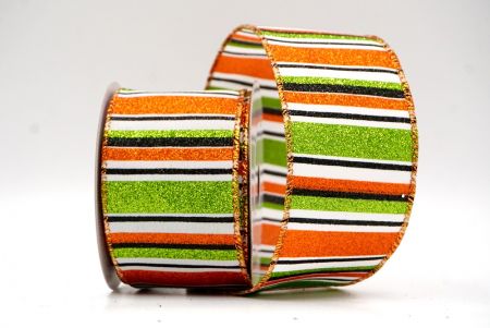 White/Orange/Black/Green_Sparkling Holiday Stripes Wired Ribbon_KF9091GZ-1Z