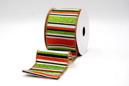 White/Orange/Black/Green_Sparkling Holiday Stripes Wired Ribbon_KF9091GZ-1Z