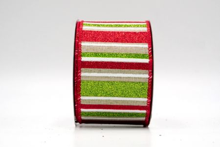 Khaki/Red/Green/White_Sparkling Holiday Stripes Wired Ribbon_KF9092GC-13-7