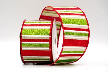 Khaki/Red/Green/White_Sparkling Holiday Stripes Wired Ribbon_KF9092GC-13-7