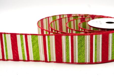 Khaki/Red/Green/White_Sparkling Holiday Stripes Wired Ribbon_KF9092GC-13-7