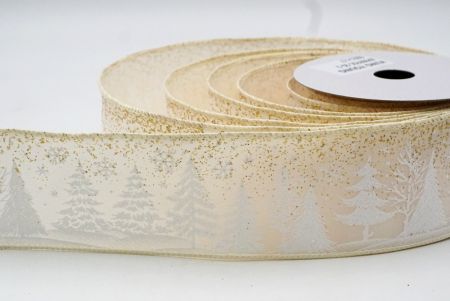 Cream White Christmas Tree & Snowflake Wired Ribbon_KF9097GC-2G-2