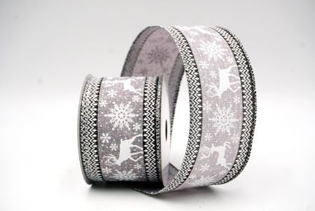 Gray - Black Reindeer and Snowflake Pattern Wired Ribbon_KF9105G-50