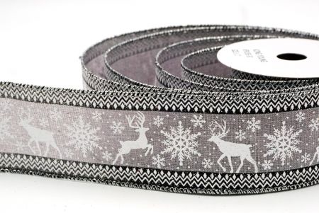 Gray - Black Reindeer and Snowflake Pattern Wired Ribbon_KF9105G-50