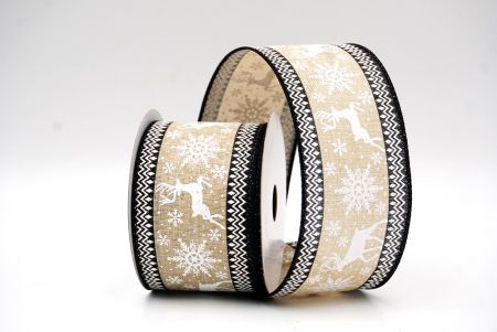 Light Brown - Black Reindeer and Snowflake Pattern Wired Ribbon_KF9105GC-13-183