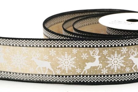 Light Brown - Black Reindeer and Snowflake Pattern Wired Ribbon_KF9105GC-13-183