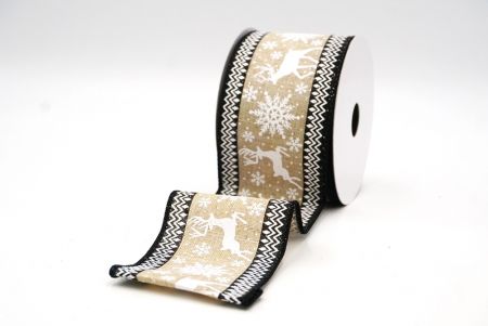 Light Brown - Black Reindeer and Snowflake Pattern Wired Ribbon_KF9105GC-13-183