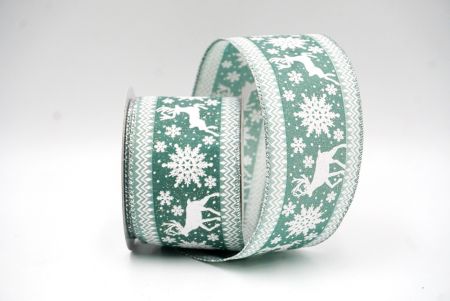 Green - Silver Reindeer and Snowflake Pattern Wired Ribbon_KF9107G-3