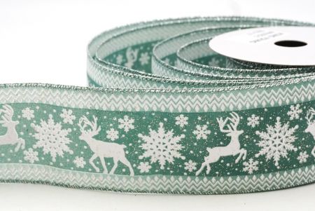 Green - Silver Reindeer and Snowflake Pattern Wired Ribbon_KF9107G-3