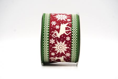 Burgundy - Green Reindeer and Snowflake Pattern Wired Ribbon_KF9108GC-8-222