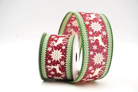 Burgundy - Green Reindeer and Snowflake Pattern Wired Ribbon_KF9108GC-8-222