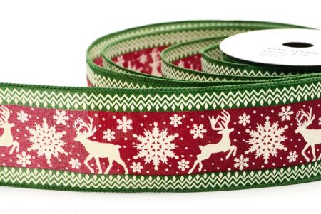 Burgundy - Green Reindeer and Snowflake Pattern Wired Ribbon_KF9108GC-8-222