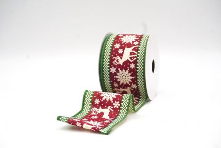 Burgundy - Green Reindeer and Snowflake Pattern Wired Ribbon_KF9108GC-8-222