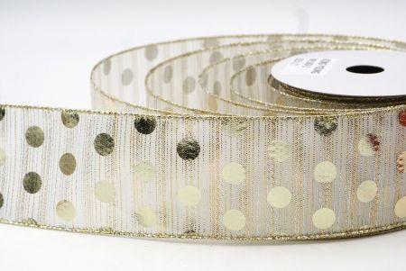 Cream White - Gold Decorative Metallic Polka Dot Wired Ribbon_KF9119GV-2