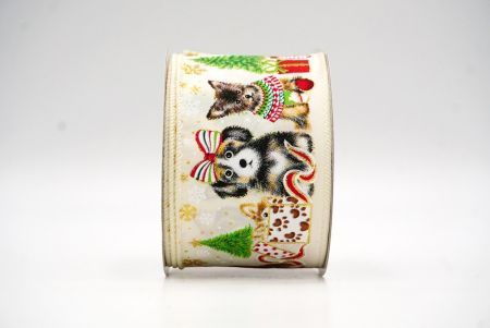 Cream White Decorative Christmas Dog Print Wired Ribbon_KF9150GC-2-2