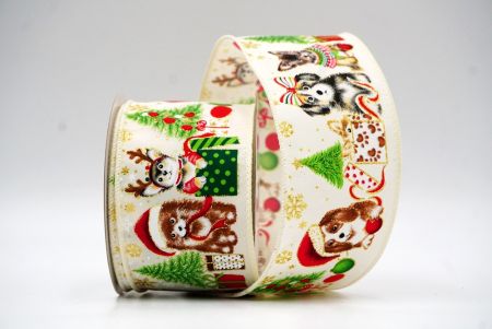 Cream White Decorative Christmas Dog Print Wired Ribbon_KF9150GC-2-2