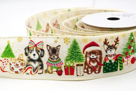 Cream White Decorative Christmas Dog Print Wired Ribbon_KF9150GC-2-2