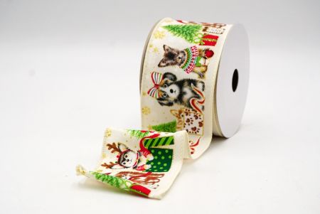 Cream White Decorative Christmas Dog Print Wired Ribbon_KF9150GC-2-2