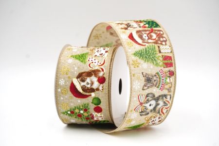 Light Brown Decorative Christmas Dog Print Wired Ribbon_KF9151GC-13-183