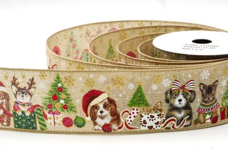 Light Brown Decorative Christmas Dog Print Wired Ribbon_KF9151GC-13-183