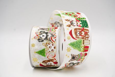 White Decorative Christmas Dog Print Wired Ribbon_KF9152GC-1-1