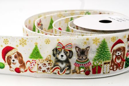 White Decorative Christmas Dog Print Wired Ribbon_KF9152GC-1-1