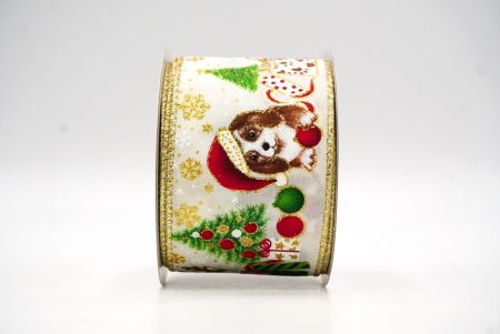 Cream White Decorative Christmas Dog Print Wired Ribbon_KF9152GC-2