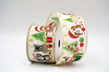 Cream White Decorative Christmas Dog Print Wired Ribbon_KF9152GC-2