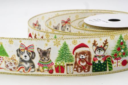 Cream White Decorative Christmas Dog Print Wired Ribbon_KF9152GC-2