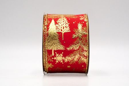 Rood/Goud_Folie Kerstbomen en Sneeuwvlokken Gewikkelde Lint_KF9217G-7G