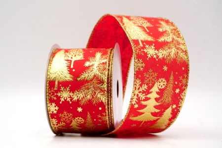 Rood/Goud_Folie Kerstbomen en Sneeuwvlokken Gewikkelde Lint_KF9217G-7G