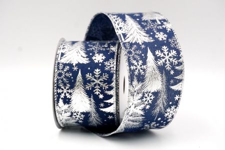 Marineblauw/Zilver_Folie Kerstbomen en Sneeuwvlokken Draadlint_KF9218G-4