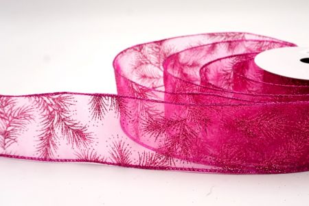 Hot Pink_Glitter Pine Leaves Sheer Wired Ribbon_KF9405GF-40