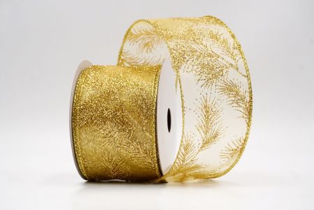 Gold_Glitter Pine Leaves Sheer Wired Ribbon_KF9406G-13