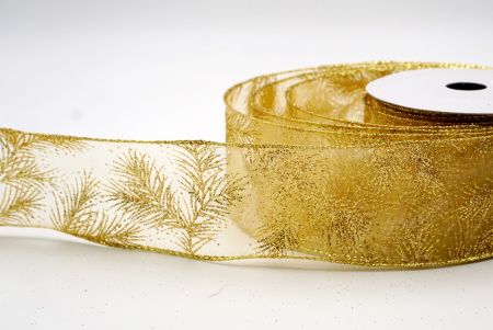 Gold_Glitter Pine Leaves Sheer Wired Ribbon_KF9406G-13