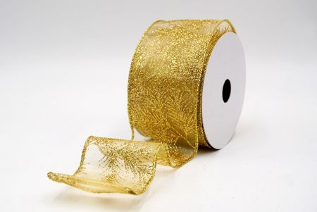 Gold_Glitter Pine Leaves Sheer Wired Ribbon_KF9406G-13