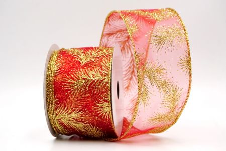Red_Glitter Pine Leaves Sheer Wired Ribbon_KF9406G-7
