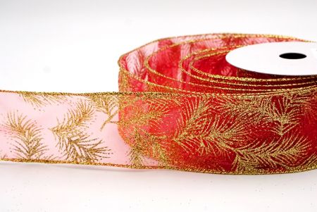 Red_Glitter Pine Leaves Sheer Wired Ribbon_KF9406G-7