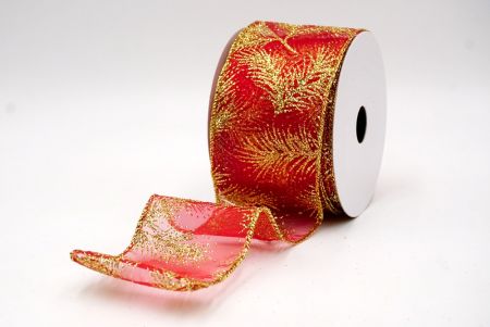 Red_Glitter Pine Leaves Sheer Wired Ribbon_KF9406G-7