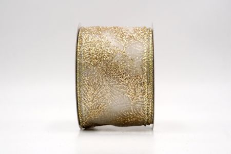 White/Gold_Glitter Pine Leaves Sheer Wired Ribbon_KF9406GV-1