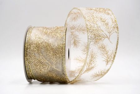 White/Gold_Glitter Pine Leaves Sheer Wired Ribbon_KF9406GV-1