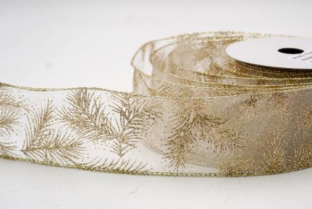 White/Gold_Glitter Pine Leaves Sheer Wired Ribbon_KF9406GV-1
