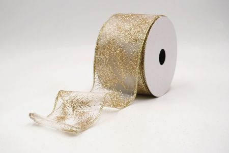 White/Gold_Glitter Pine Leaves Sheer Wired Ribbon_KF9406GV-1