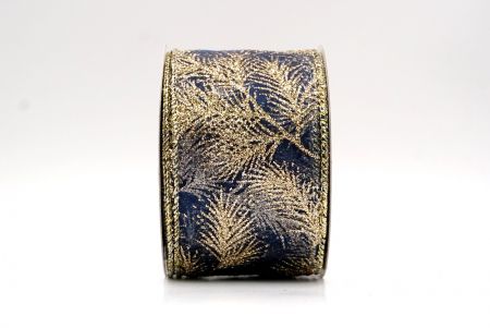 Navy Blue_Glitter Pine Leaves Sheer Wired Ribbon_KF9406GV-4