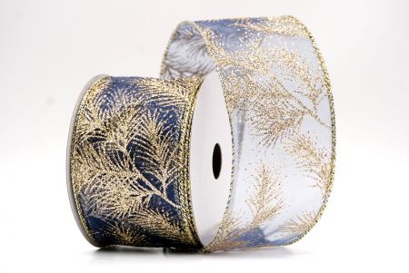 Navy Blue_Glitter Pine Leaves Sheer Wired Ribbon_KF9406GV-4